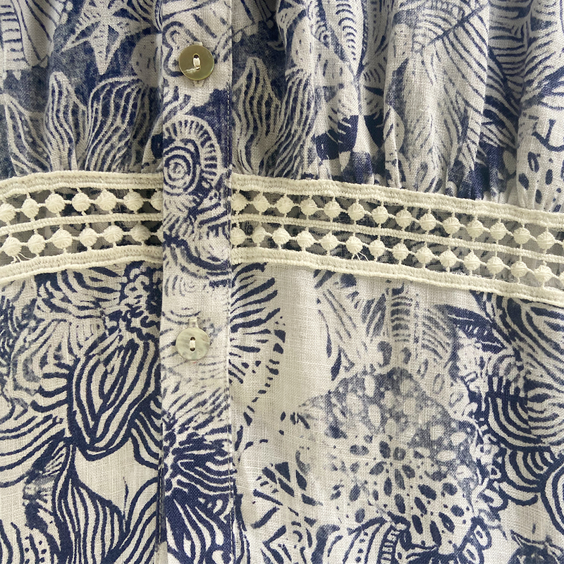 100% Linen Printed Dress With Lace Trims