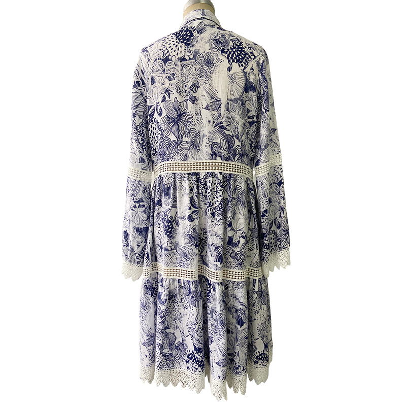 100% Linen Printed Dress With Lace Trims