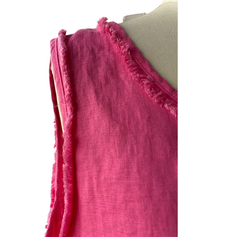 Body: 100%linen lining: 100%cotton slub jersery, with fringes at neckline, armhole and bottom seams